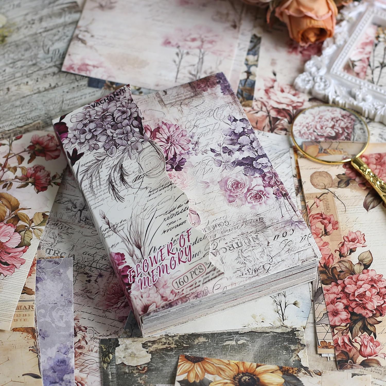 160 Sheets Vintage Flower Scrapbook Paper. Junk Journal Supplies. Purple Pink Flowers with Cursive Script No Repeating Perfect for Junk Journal DIY Cards Craft Albums Scrapbooking Supplies (Purple) - Image 5
