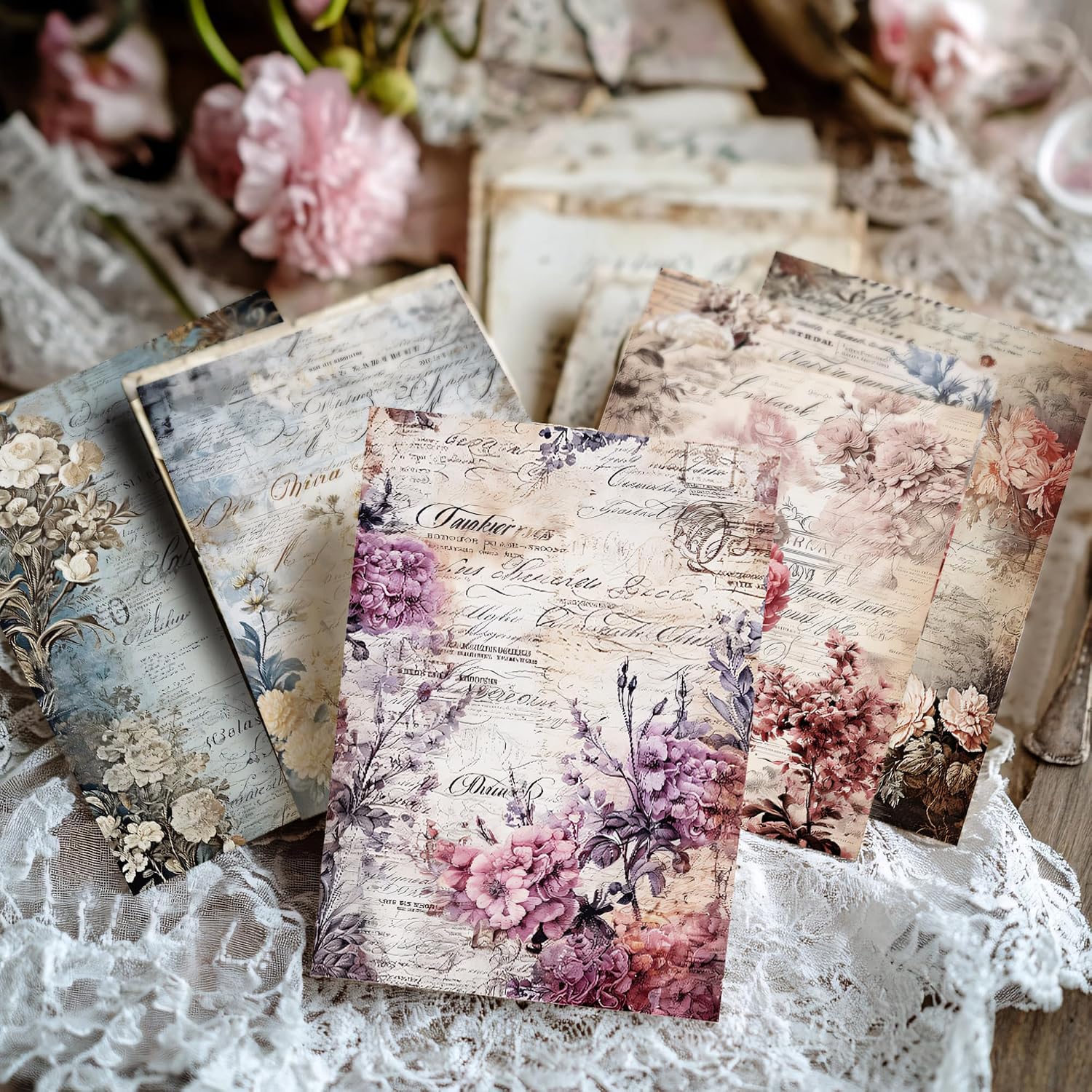 160 Sheets Vintage Flower Scrapbook Paper. Junk Journal Supplies. Purple Pink Flowers with Cursive Script No Repeating Perfect for Junk Journal DIY Cards Craft Albums Scrapbooking Supplies (Purple) - Image 3